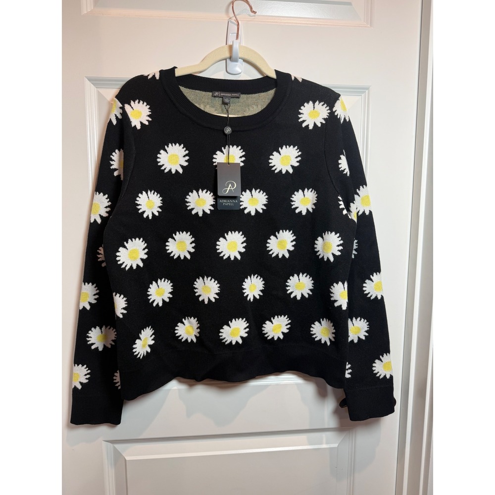 Adrianna Papell Daisy Floral Jacquard Sweater Black White Yellow AD1S301993 L